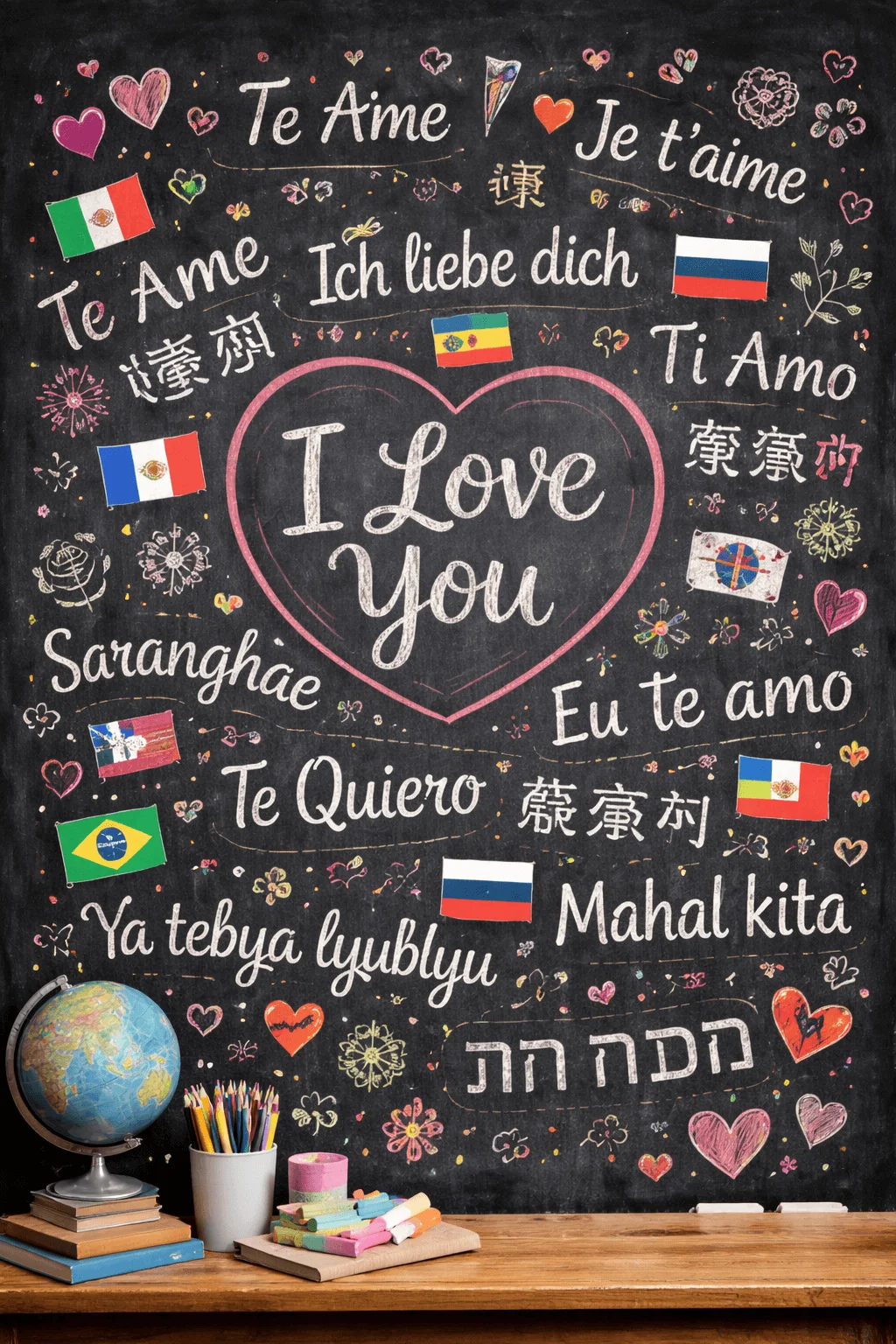 This chalkboard features “I Love You” written in many languages (like French, Spanish, German, Korean, Portuguese, Russian, Hebrew, and more), surrounded by colorful hearts, small flags, flowers, and classroom-style elements like chalk, books, and a globe.