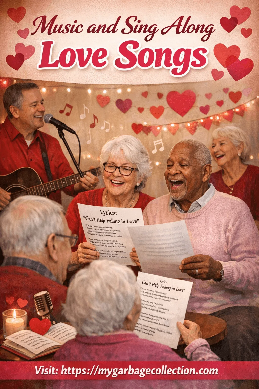 Music and sing along love songs event with seniors joyfully singing romantic classics together holding lyric sheets and celebrating Valentines Day in a senior living community