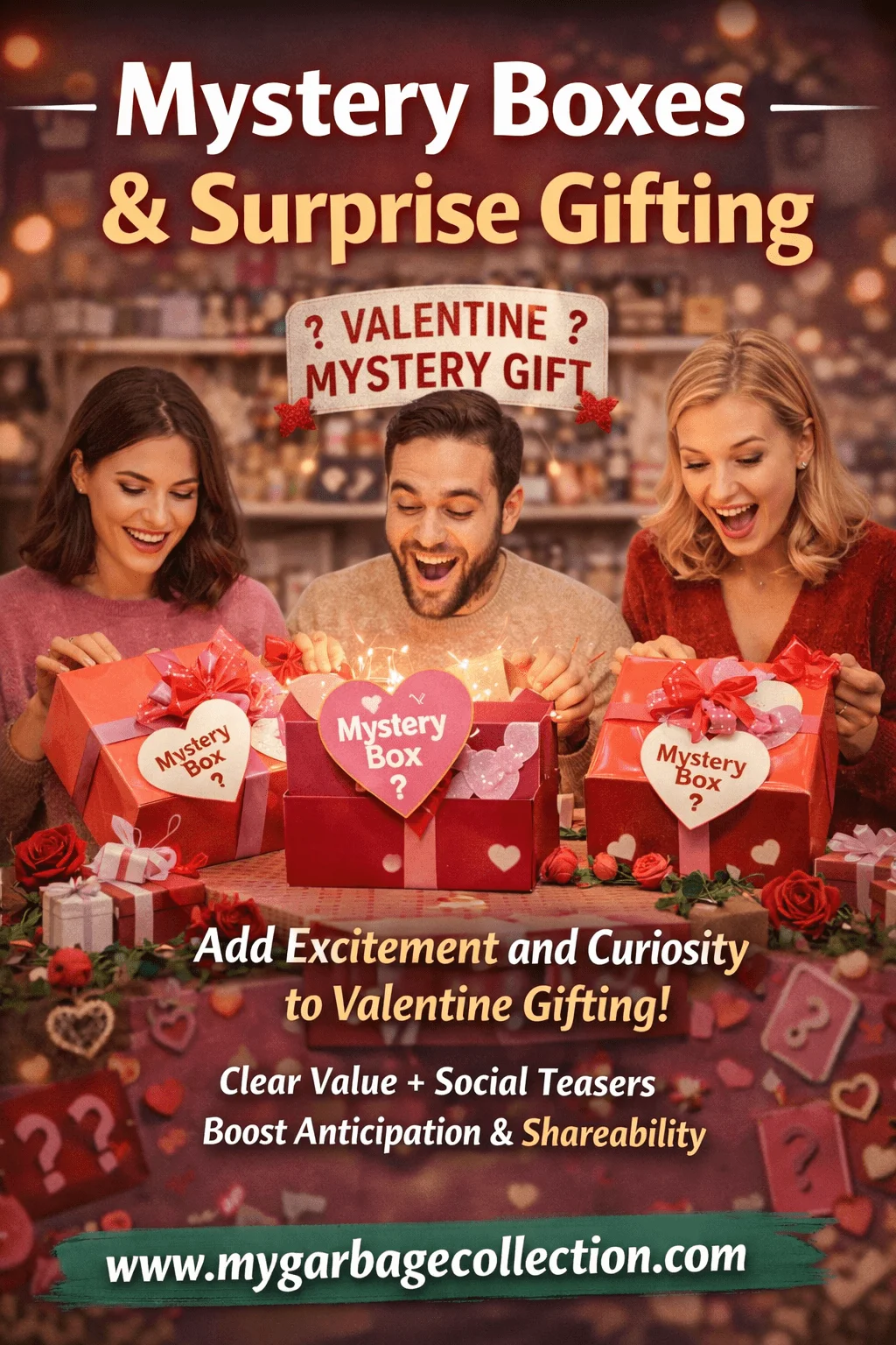 mystery boxes and surprise valentine gifting with people opening red gift boxes creating excitement curiosity and shareable holiday experience