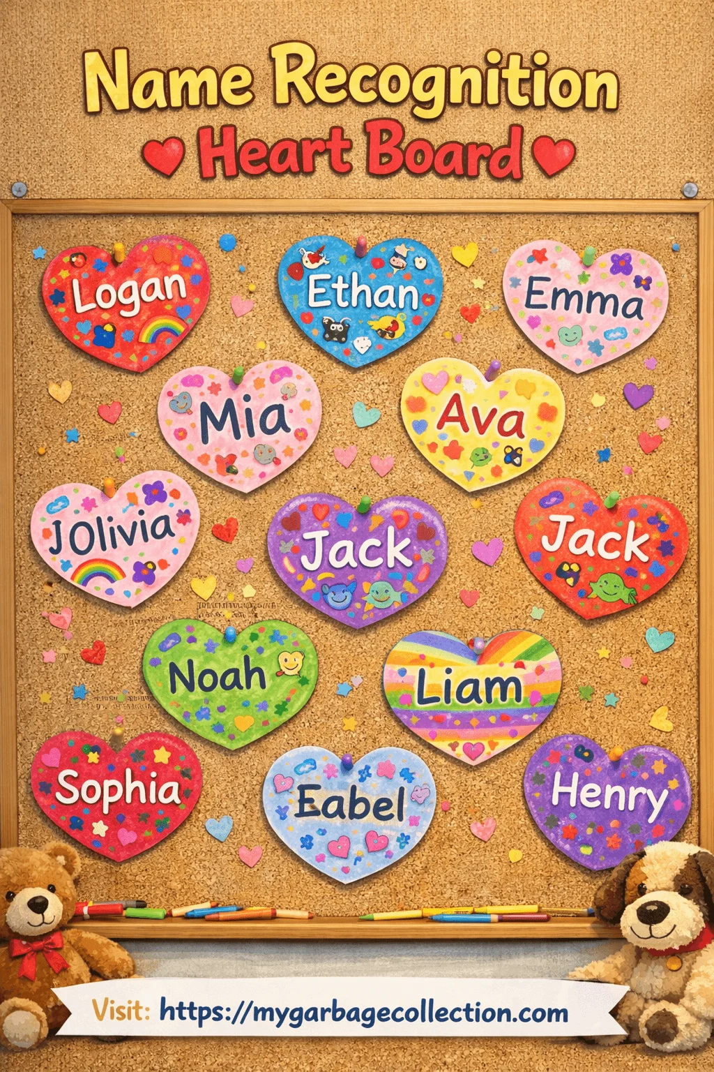 Name recognition heart board for preschool featuring colorful heart shaped name cards with student names decorated with stickers patterns and hearts supporting early literacy and name recognition skills