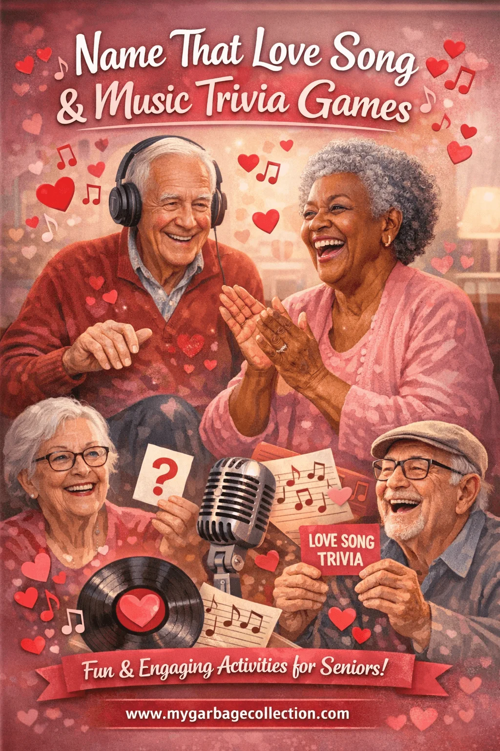 Name that love song and music trivia games showing seniors laughing clapping and playing Valentine themed music trivia with headphones microphones records and heart decorations