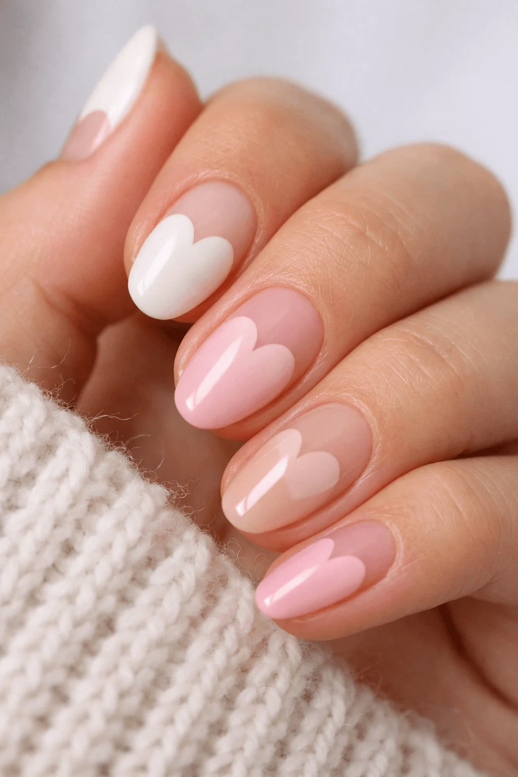 Close up of a hand with glossy nude and pink nails featuring soft heart shaped negative space designs and a cozy knit sleeve background