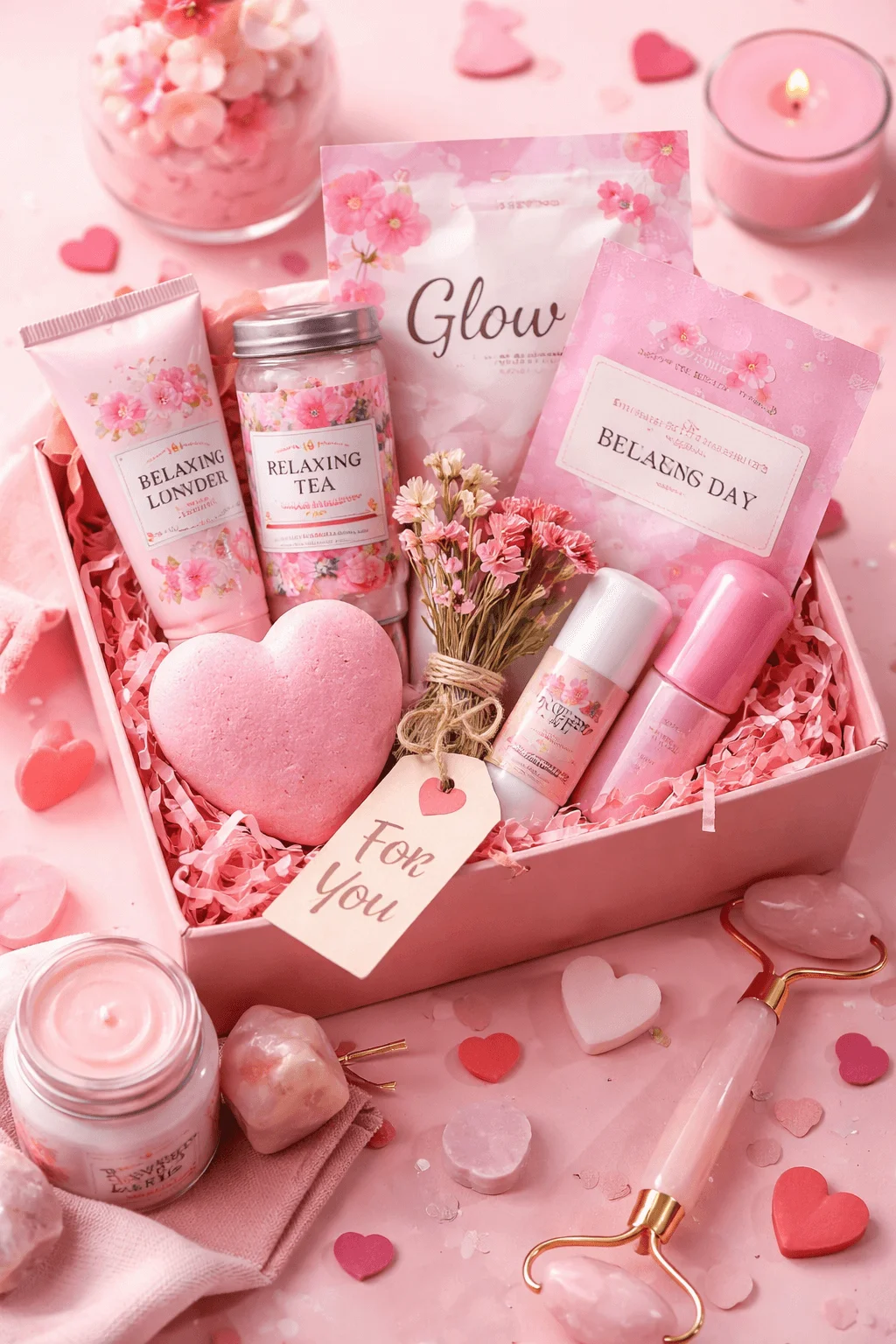Pink themed self care gift box with relaxing tea, lotion, bath products, dried flowers, a heart shaped bath bomb, and candles on a romantic pink background.