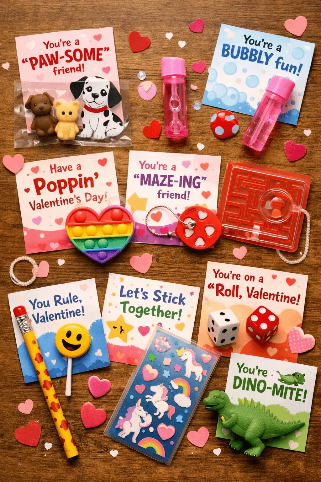 Non candy Valentine cards with small toys including bubbles pop it heart maze game dice dinosaur erasers stickers and pencils arranged on a wooden table with heart confetti