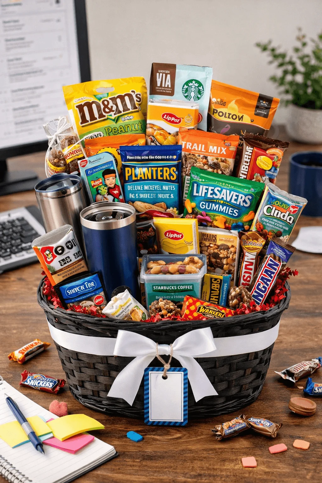 This image shows an office desk treat basket filled with a variety of snacks and goodies. It includes candy bars, trail mix, peanuts, gummies, coffee, tea packets, a travel mug, and small office-friendly treats, all arranged in a black woven basket with a white bow, perfect for workplace appreciation or a raffle prize.
