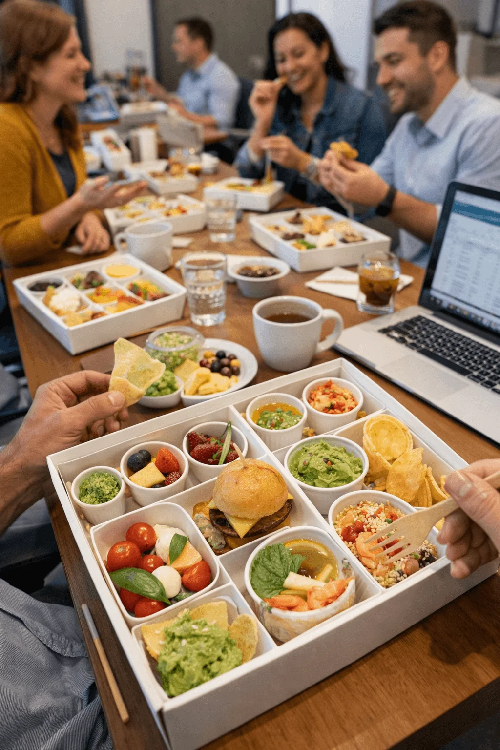 Office tasting flight lunch box with mini burger salads dips chips fruit and small plates shared by coworkers