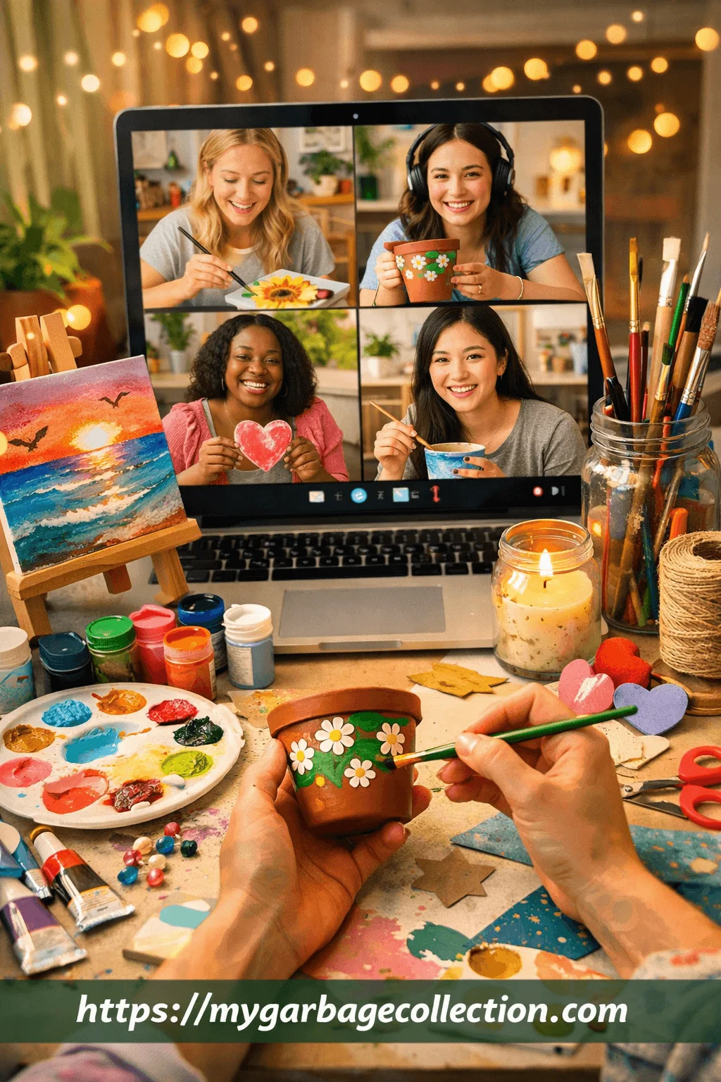 Friends participating in an online paint and craft party through a video call while painting pottery and artwork together at home surrounded by art supplies candles and creative decorations creating a fun and relaxing virtual hangout