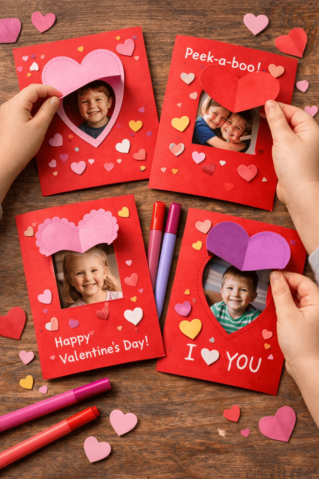 Peek a boo Valentine photo cards with heart flaps revealing smiling children on a wooden table with colorful heart decorations