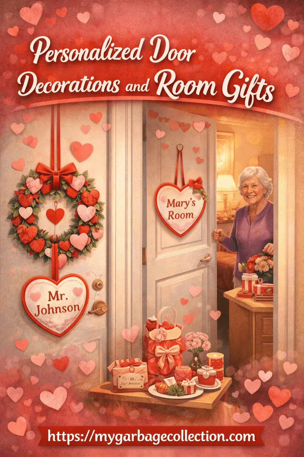 personalized door decorations and room gifts for valentines day showing senior residents smiling beside heart themed name signs wreaths and thoughtful room gifts in a care home setting
