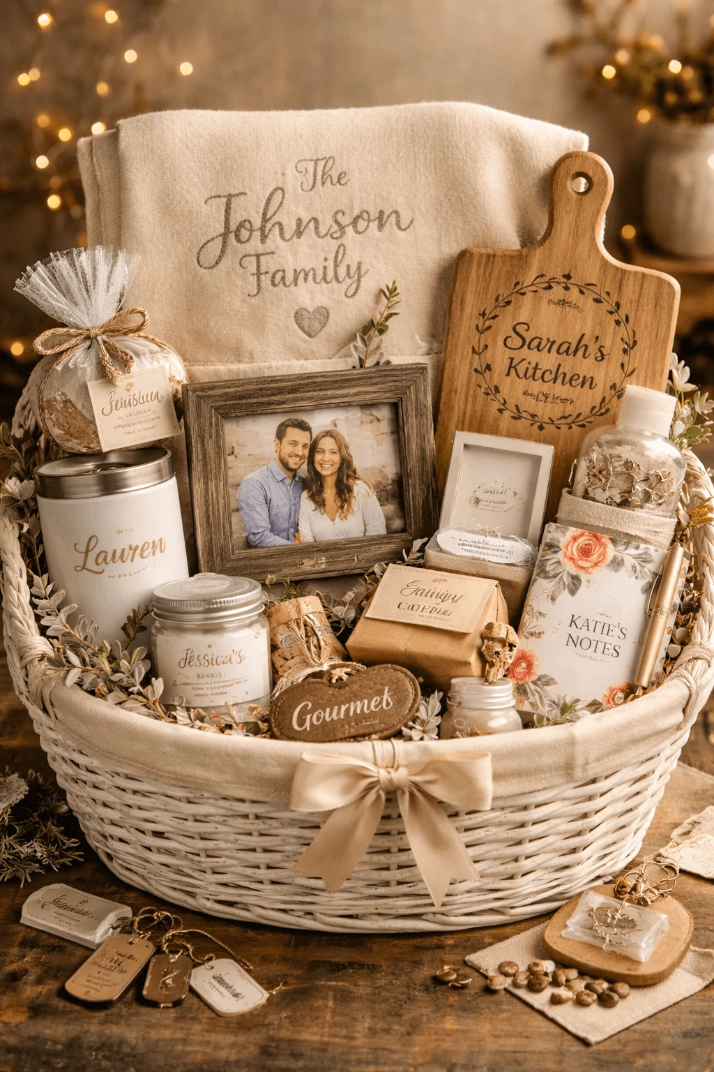 personalized keepsake gift basket with custom family blanket engraved cutting board framed photo scented candles journals gourmet treats and name labeled items arranged in a wicker basket with soft lights and floral accents