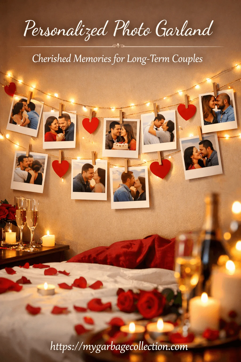 Romantic hotel bedroom decorated with personalized photo garland string lights heart clips rose petals candles champagne glasses and cozy Valentine celebration atmosphere