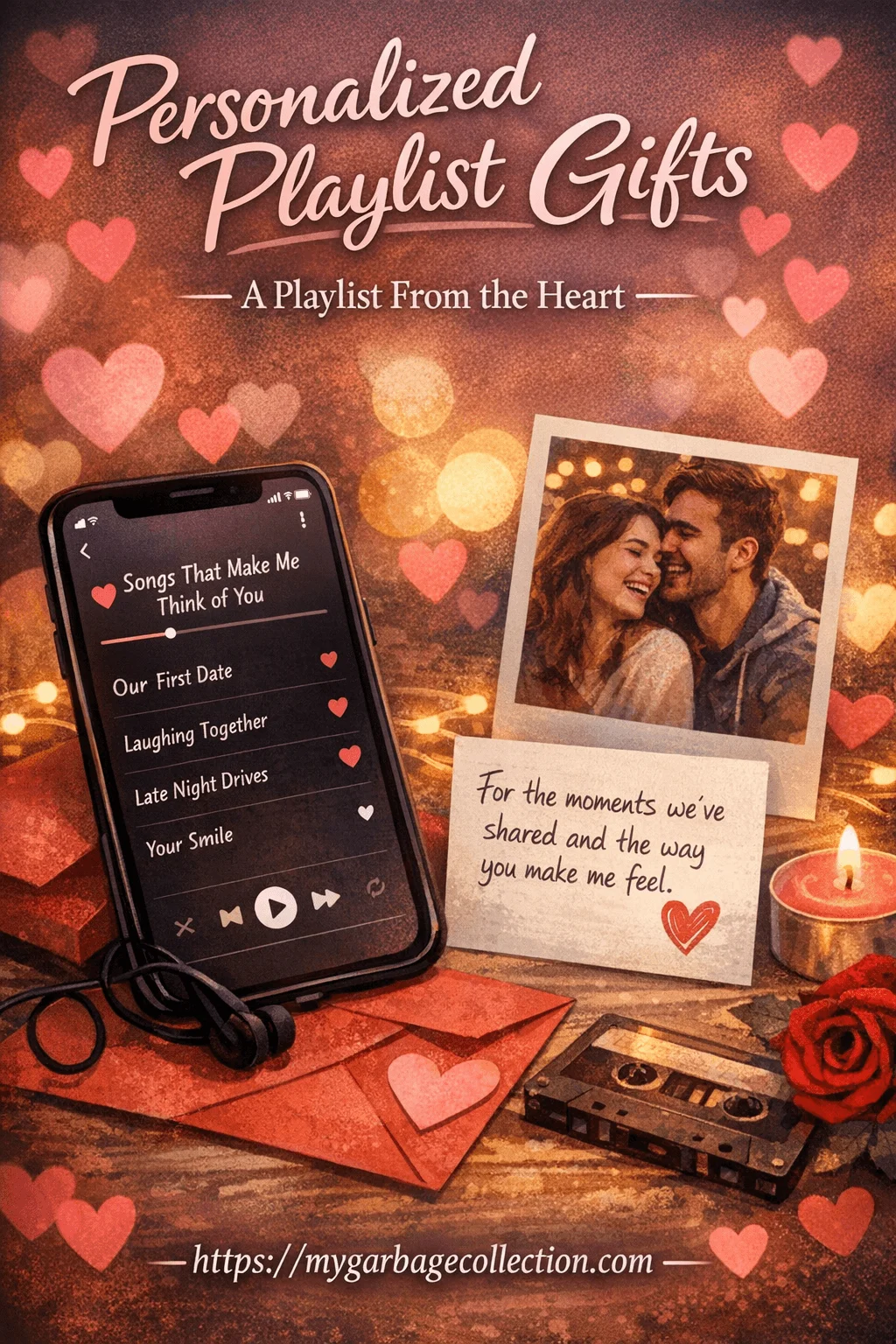 Personalized playlist gift concept showing a smartphone playing a custom love playlist with song titles a couple photo romantic note candle cassette tape heart decorations warm glowing lights text reading personalized playlist gifts a playlist from the heart and a website link at the bottom