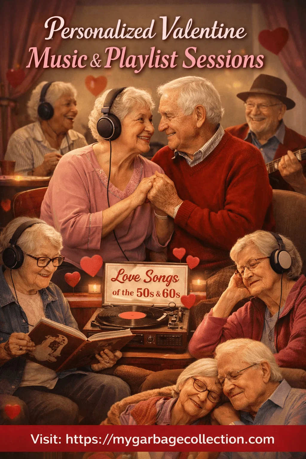 Personalized Valentine music and playlist session showing seniors listening to love songs with headphones sharing joyful moments holding hands reading and relaxing in a warm heart themed setting