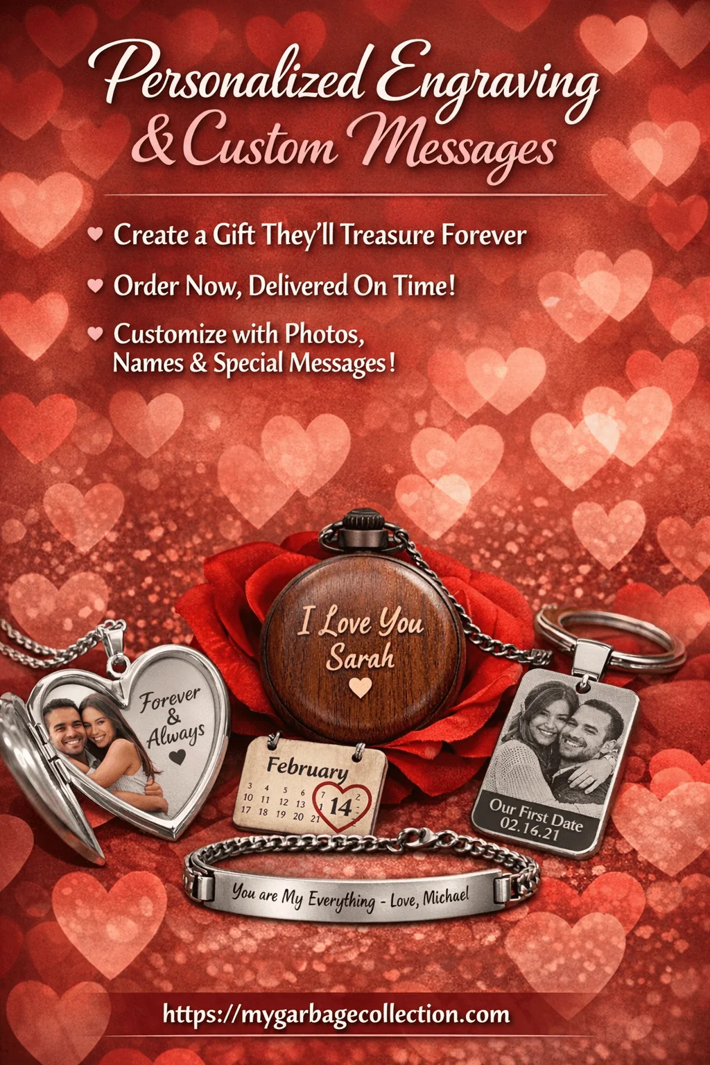 Personalized engraving and custom messages valentines gift display featuring engraved jewelry photo lockets custom names romantic keepsakes and meaningful message gifts for couples