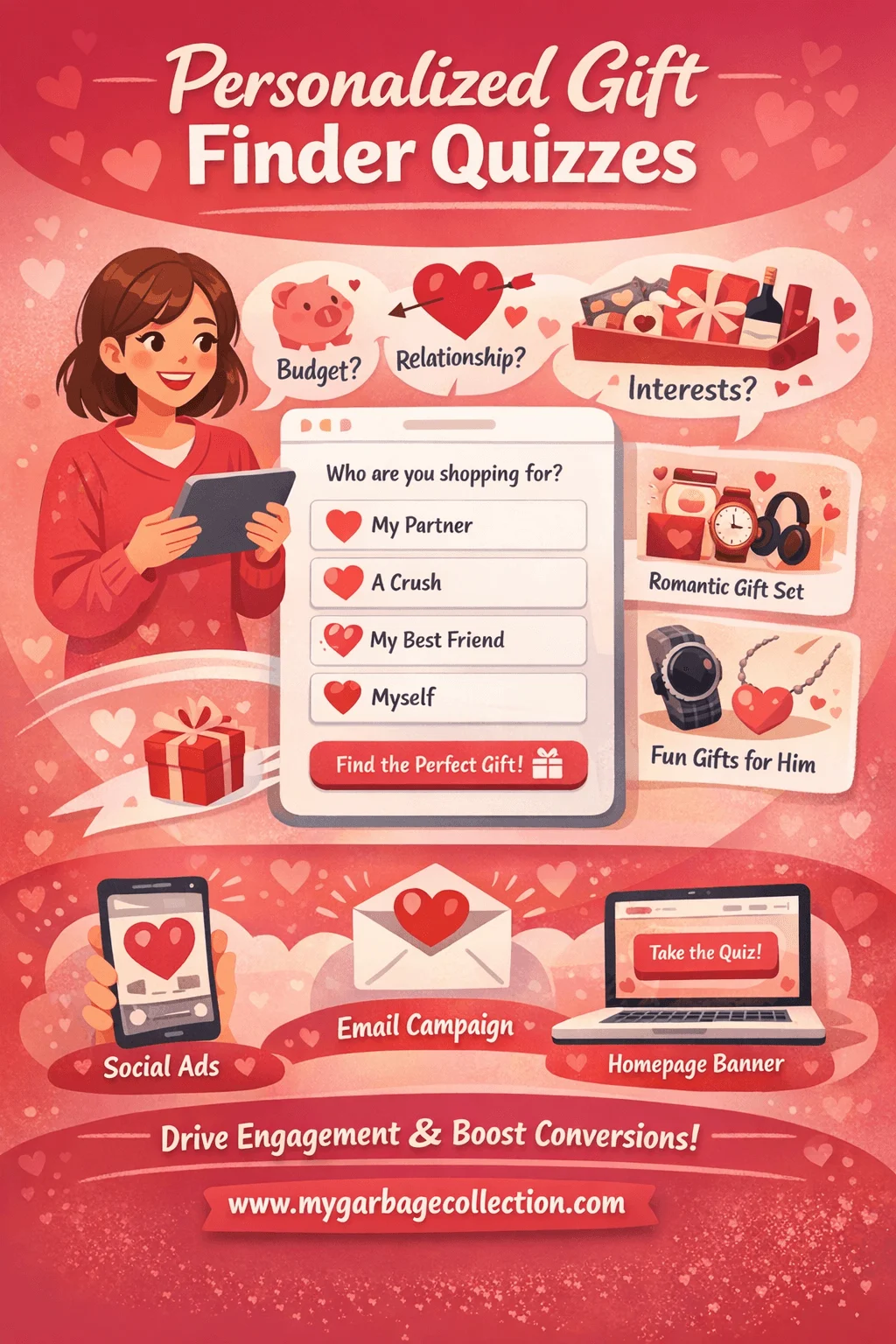 Personalized gift finder quizzes illustration showing valentines marketing concept interactive quiz selecting gifts for partner friend or self with hearts romantic icons social ads email campaign and homepage banner promotion
