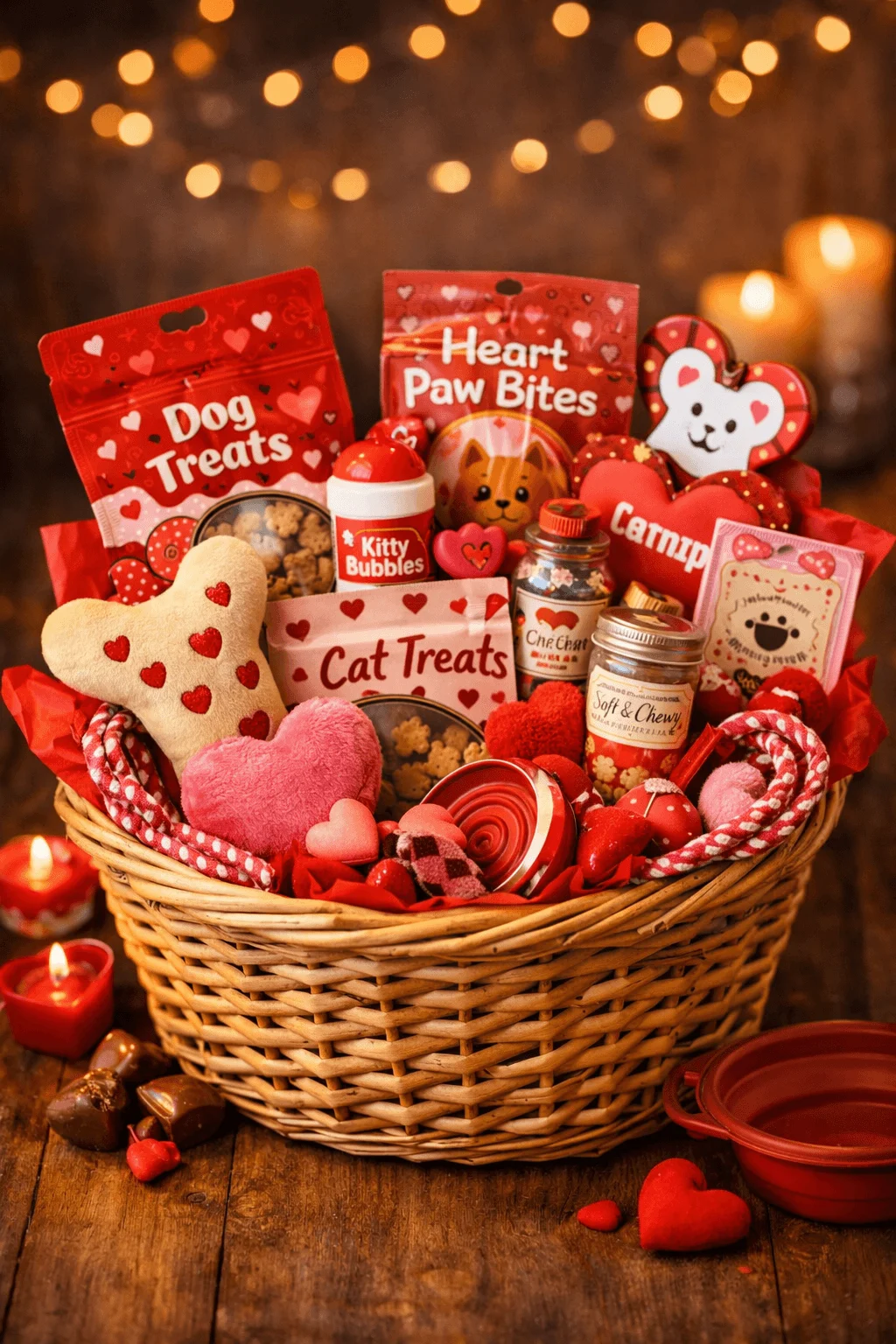 pet friendly Valentine gift basket with dog treats cat treats heart paw bites toys rope chew bones catnip bubbles plush hearts and festive pet accessories arranged in a wicker basket with candles and heart decorations