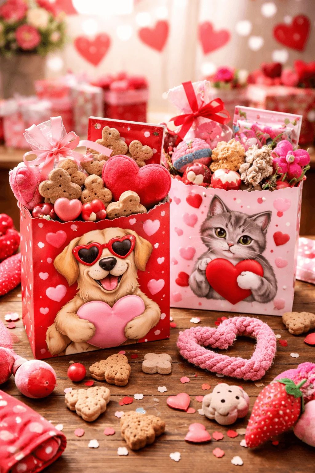 Pet friendly Valentine gift bags with heart shaped dog treats and toys, featuring a dog and cat illustration, on a festive table with pink and red decorations.