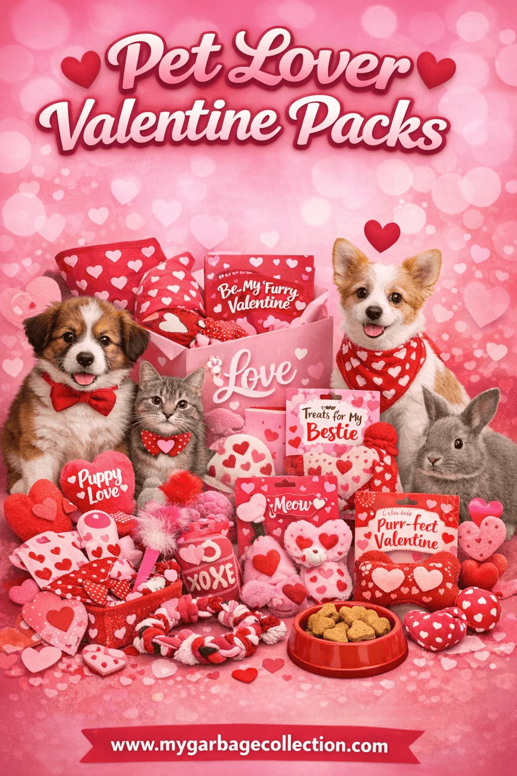 Pet lover Valentine packs featuring puppies kitten and rabbit surrounded by heart themed toys treats gift boxes bowls plush items and festive pink decorations with a website URL at the bottom
