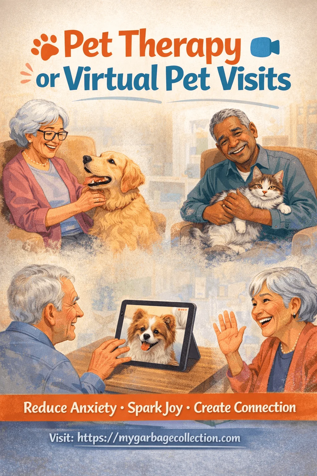 Pet therapy or virtual pet visits showing seniors smiling while interacting with dogs cats and a virtual pet on a tablet creating comfort joy and emotional connection in a senior living community