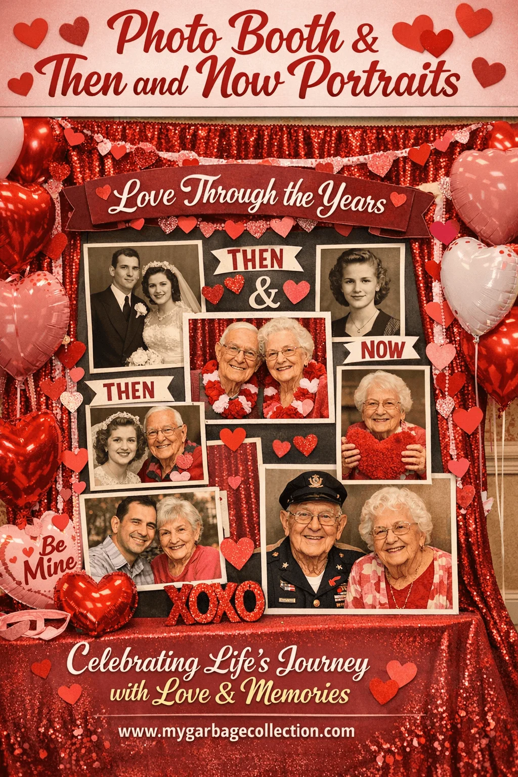 Photo booth and then and now portraits featuring seniors sharing past and present photos celebrating love memories and lifelong journeys in a Valentine themed senior living community