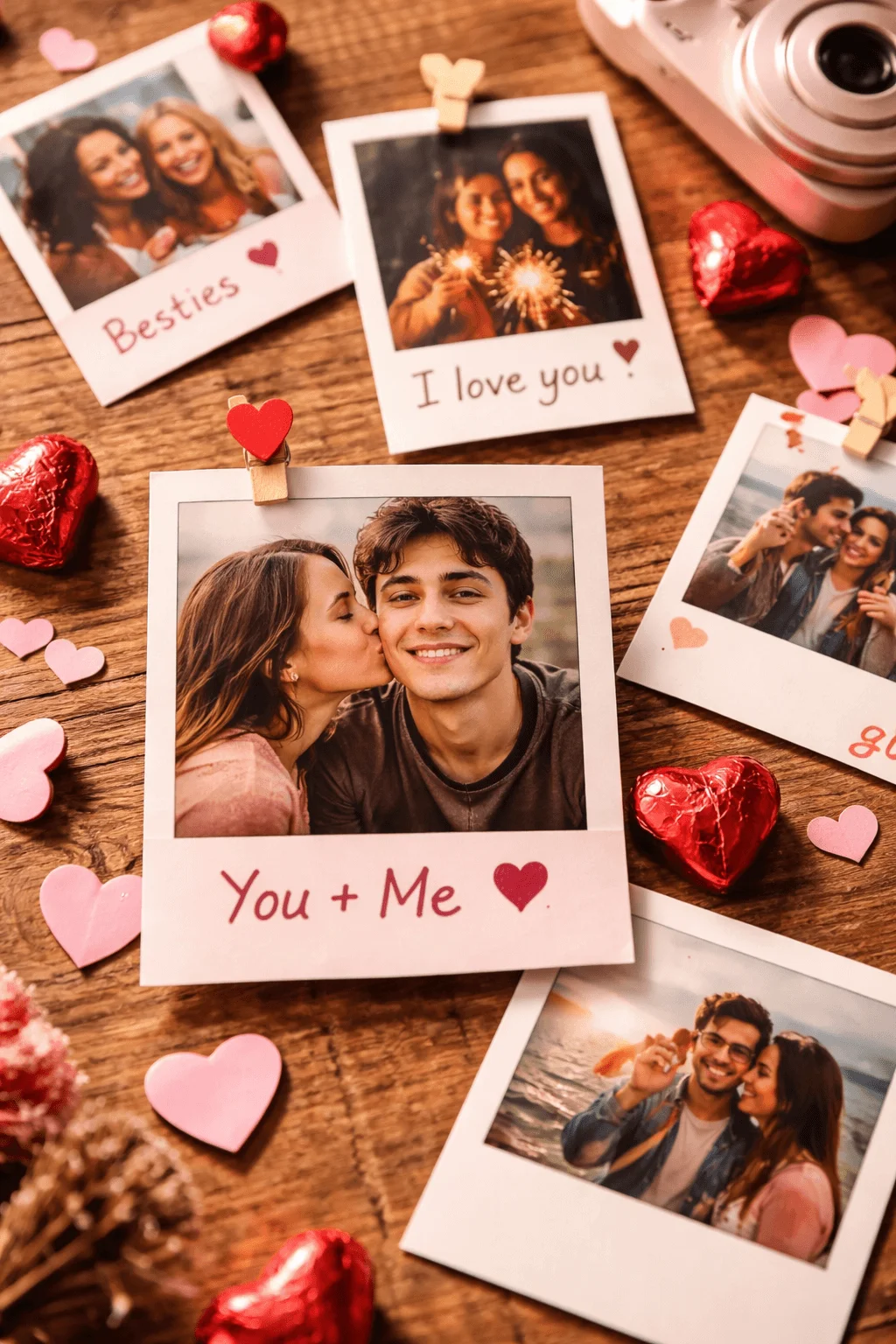 Polaroid style photos of couples and friends with handwritten love notes, heart shaped chocolates, and a camera on a wooden table.