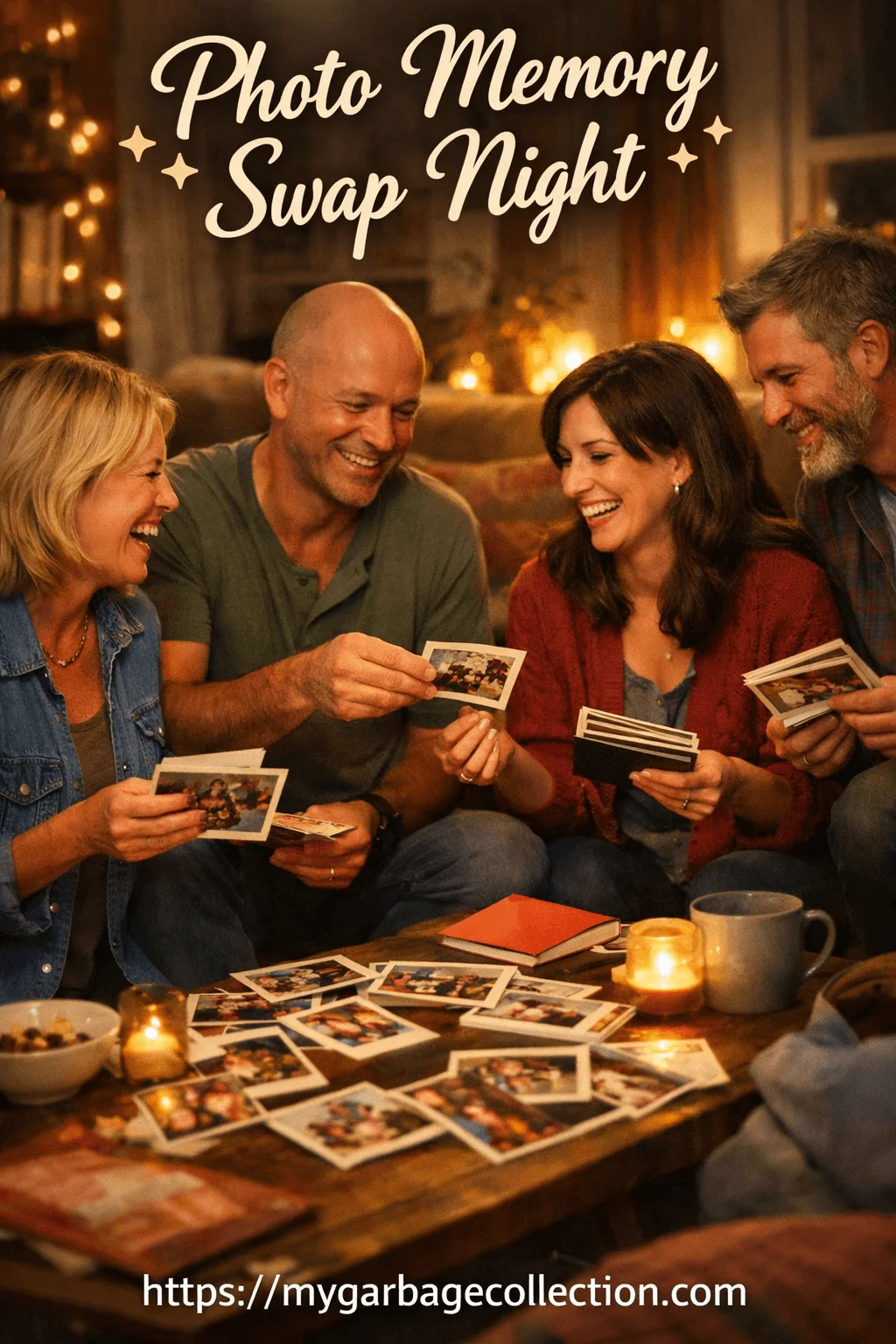 Friends enjoying a cozy photo memory swap night at home while laughing and sharing printed photos around a table with candles warm lights and nostalgic moments creating a relaxed and meaningful gathering indoors