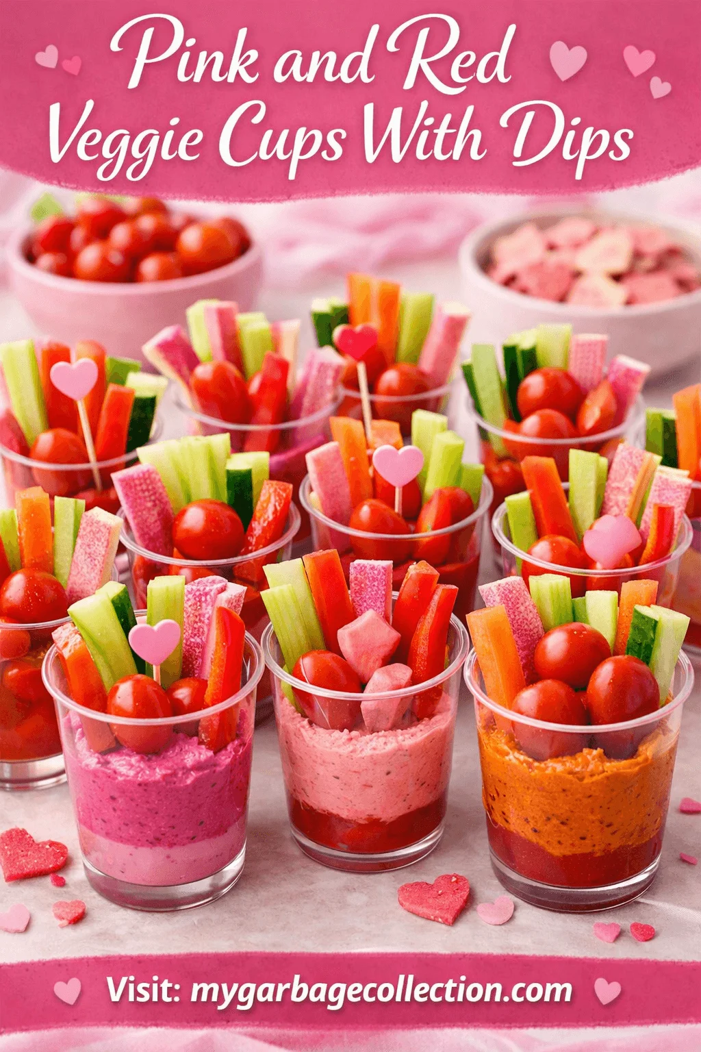 Pink and red veggie cups with dips featuring cherry tomatoes cucumber carrot sticks celery and heart shaped decorations in clear cups with colorful dips festive text and website mygarbagecollection.com