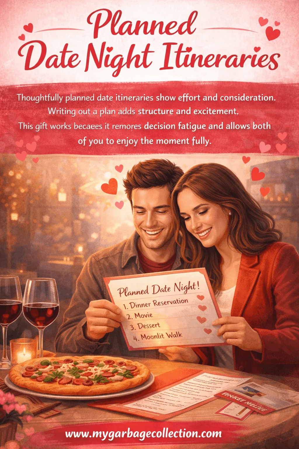 Planned date night itineraries illustration showing a smiling couple at a cozy restaurant table holding a handwritten date night plan with steps like dinner movie dessert and moonlit walk surrounded by pizza wine candles and heart decorations with text reading planned date night itineraries at the top and a website link at the bottom
