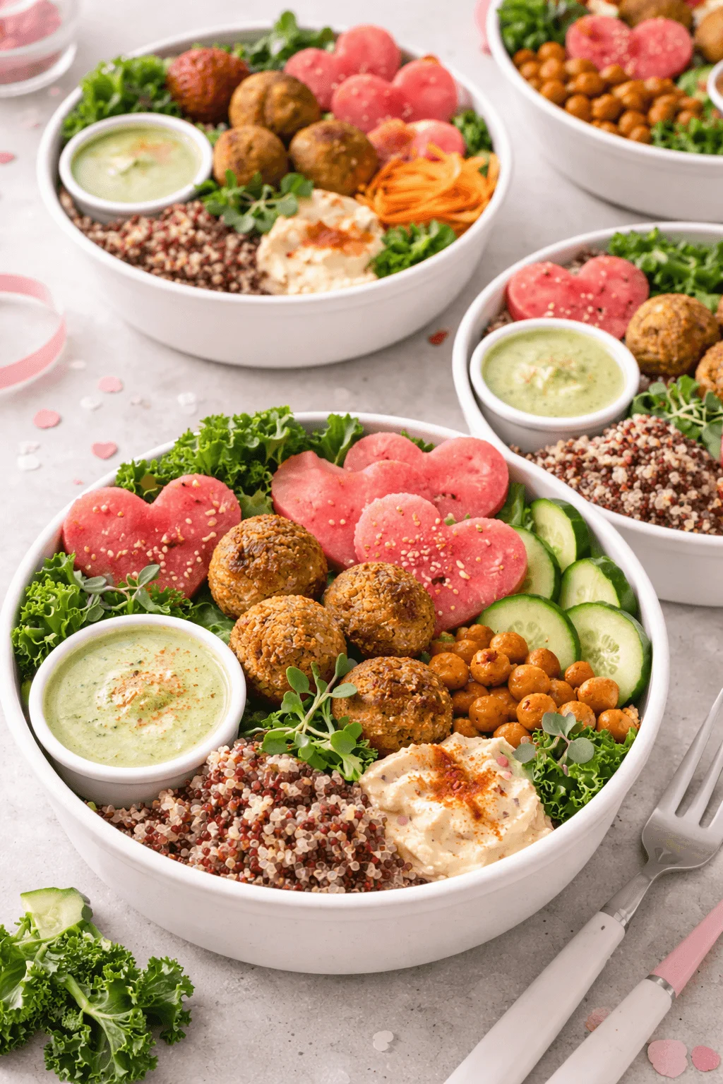 Plant based Valentine lunch bowls with falafel quinoa hummus cucumber chickpeas kale heart shaped radishes and green dressing