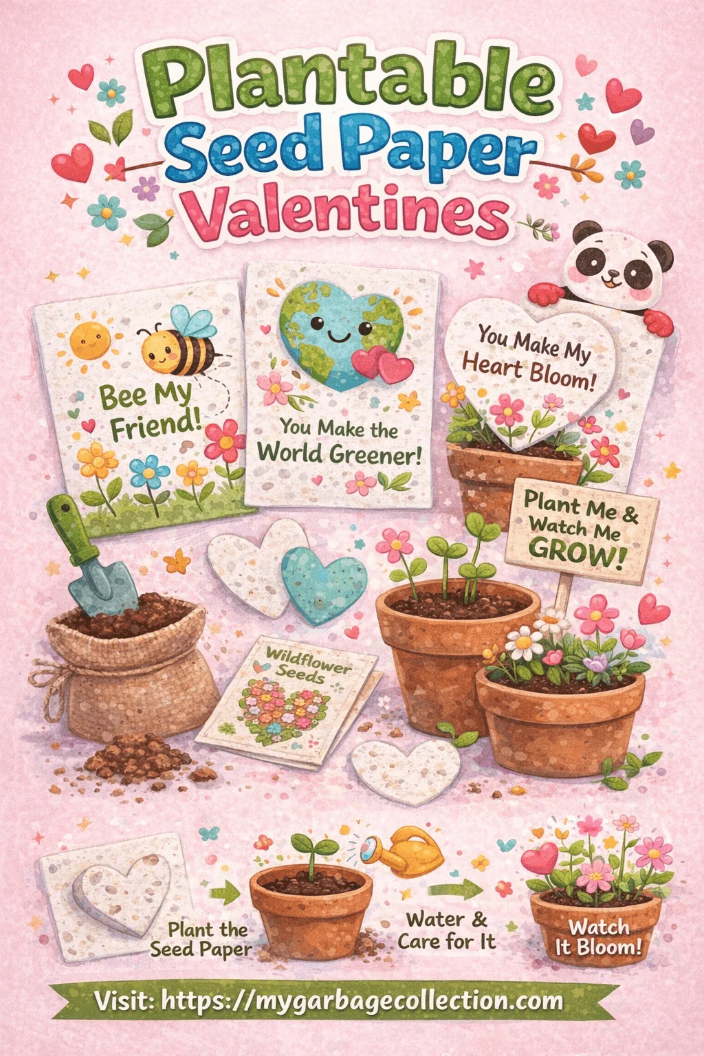 Plantable seed paper Valentines illustration featuring eco friendly Valentine cards with flowers hearts planting steps seed paper pots and gardening theme for kids with mygarbagecollection.com displayed at the bottom