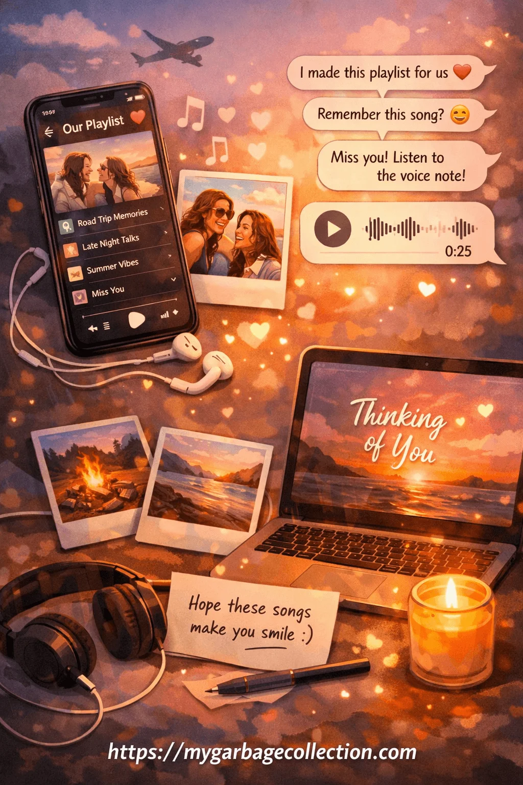 Romantic long distance moment showing a shared music playlist voice message and heartfelt texts displayed on a phone and laptop surrounded by photos headphones candles and warm lights expressing love connection and missing someone through digital memories