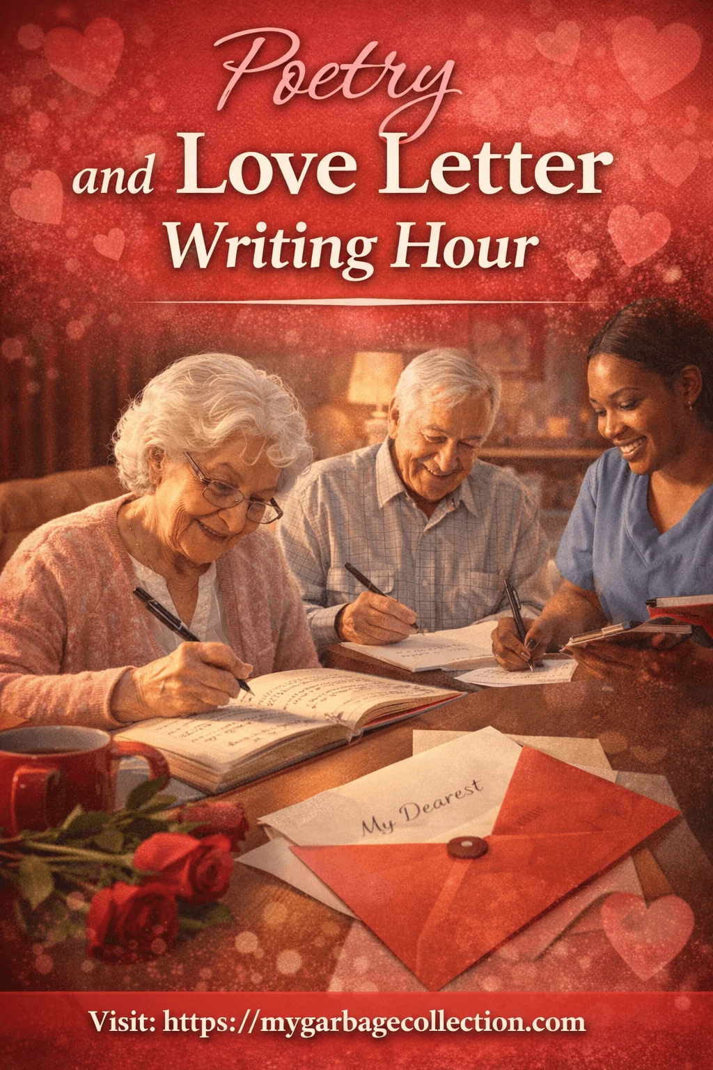Poetry and love letter writing hour with seniors writing heartfelt poems and letters together assisted by a caregiver in a warm Valentine themed senior living community