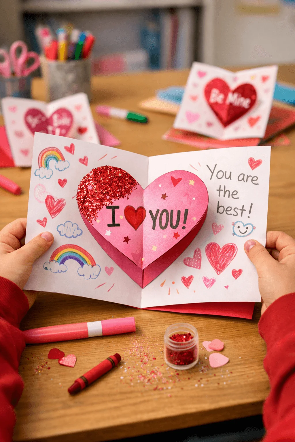 Child holding a handmade Valentine card with a pop up glitter heart and the message I love you decorated with rainbows hearts and drawings on a craft table