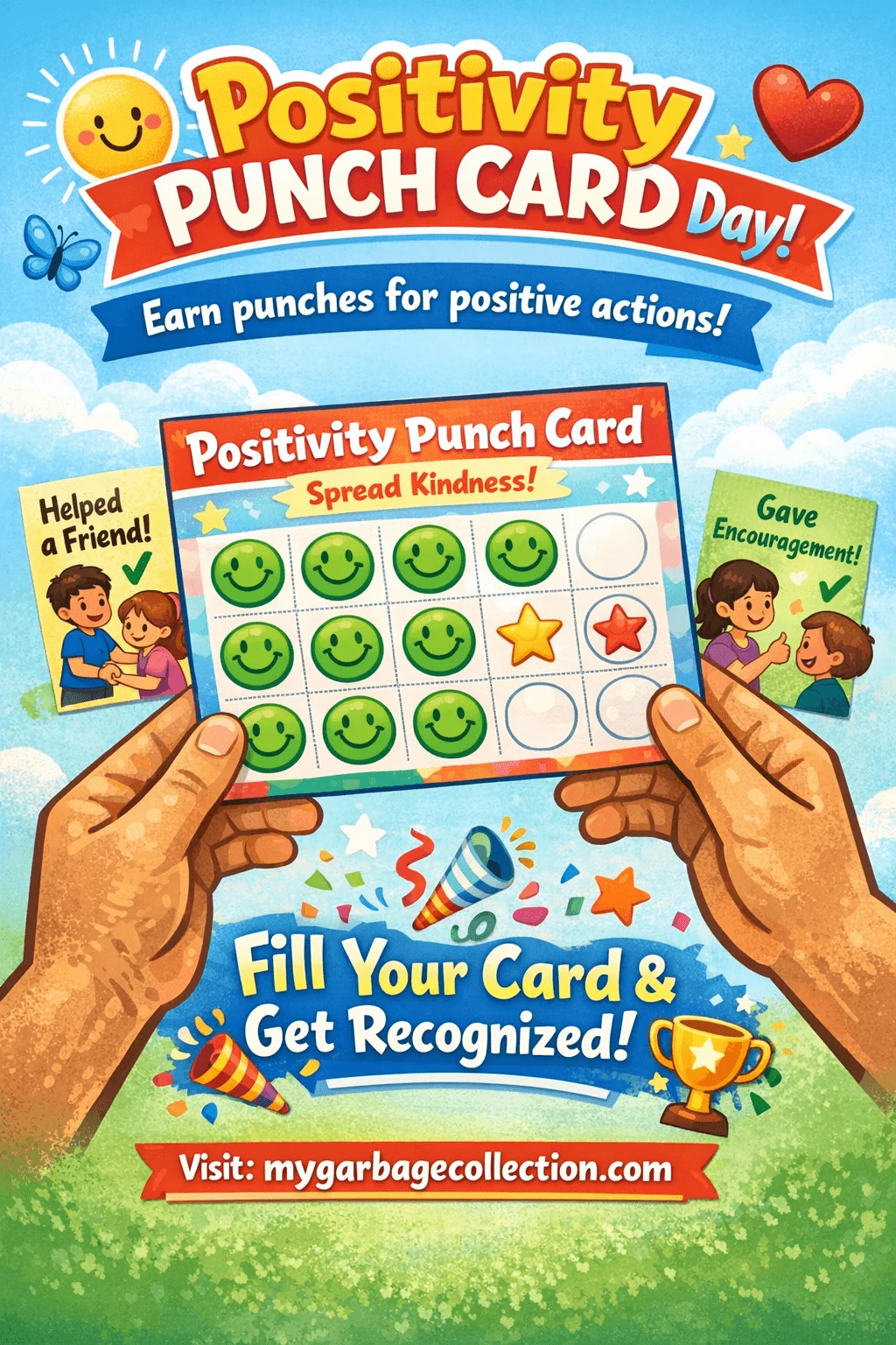 Positivity Punch Card Day illustration showing hands holding a kindness reward card smiling icons positive actions encouragement helping friends and Valentine spirit week motivation activity