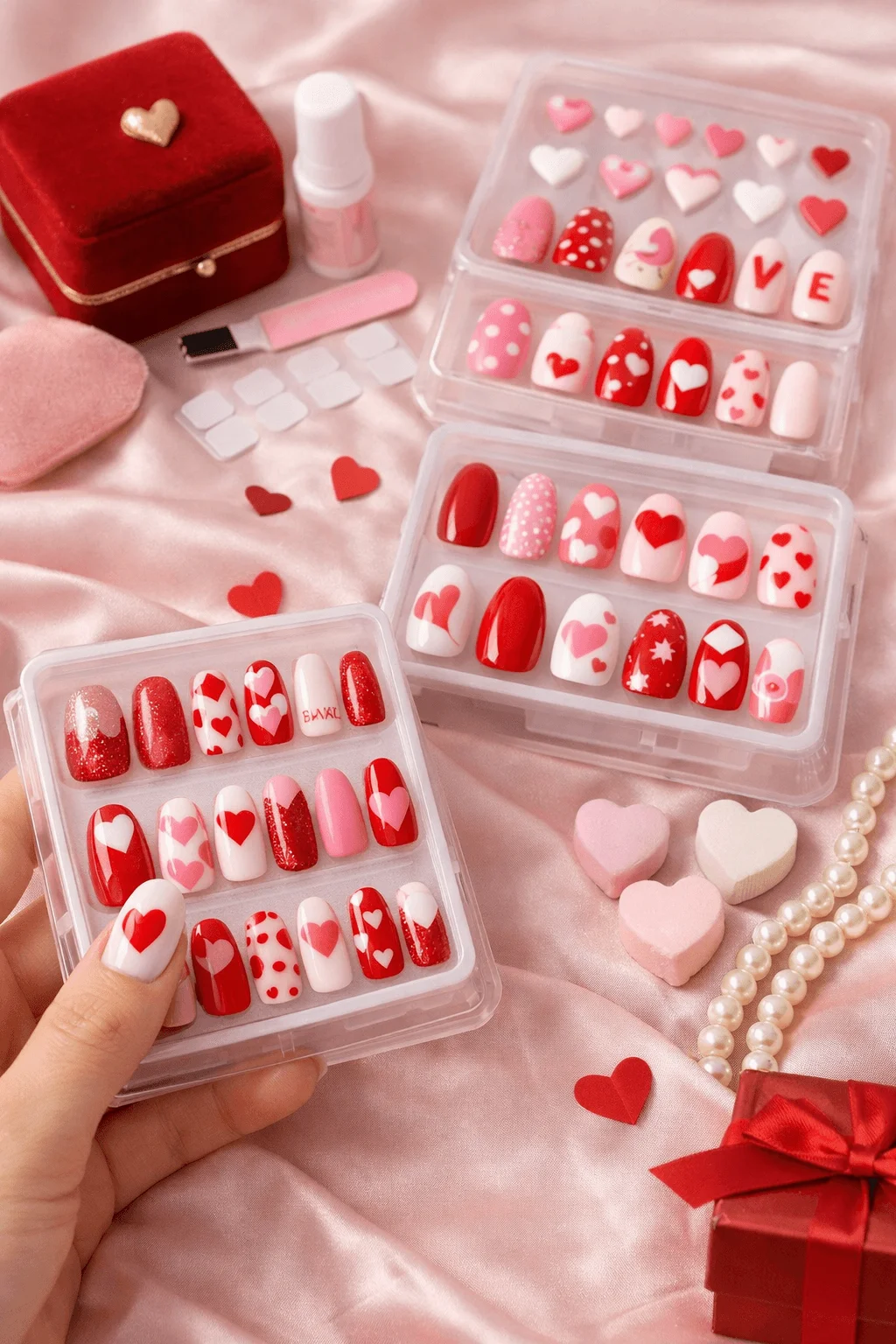 This image shows a flat lay of multiple Valentine-themed press-on nail sets in red, pink, and white, featuring heart patterns, polka dots, glitter accents, and love-themed designs, arranged on a soft pink satin background with romantic accessories like pearls, gift boxes, and heart decorations