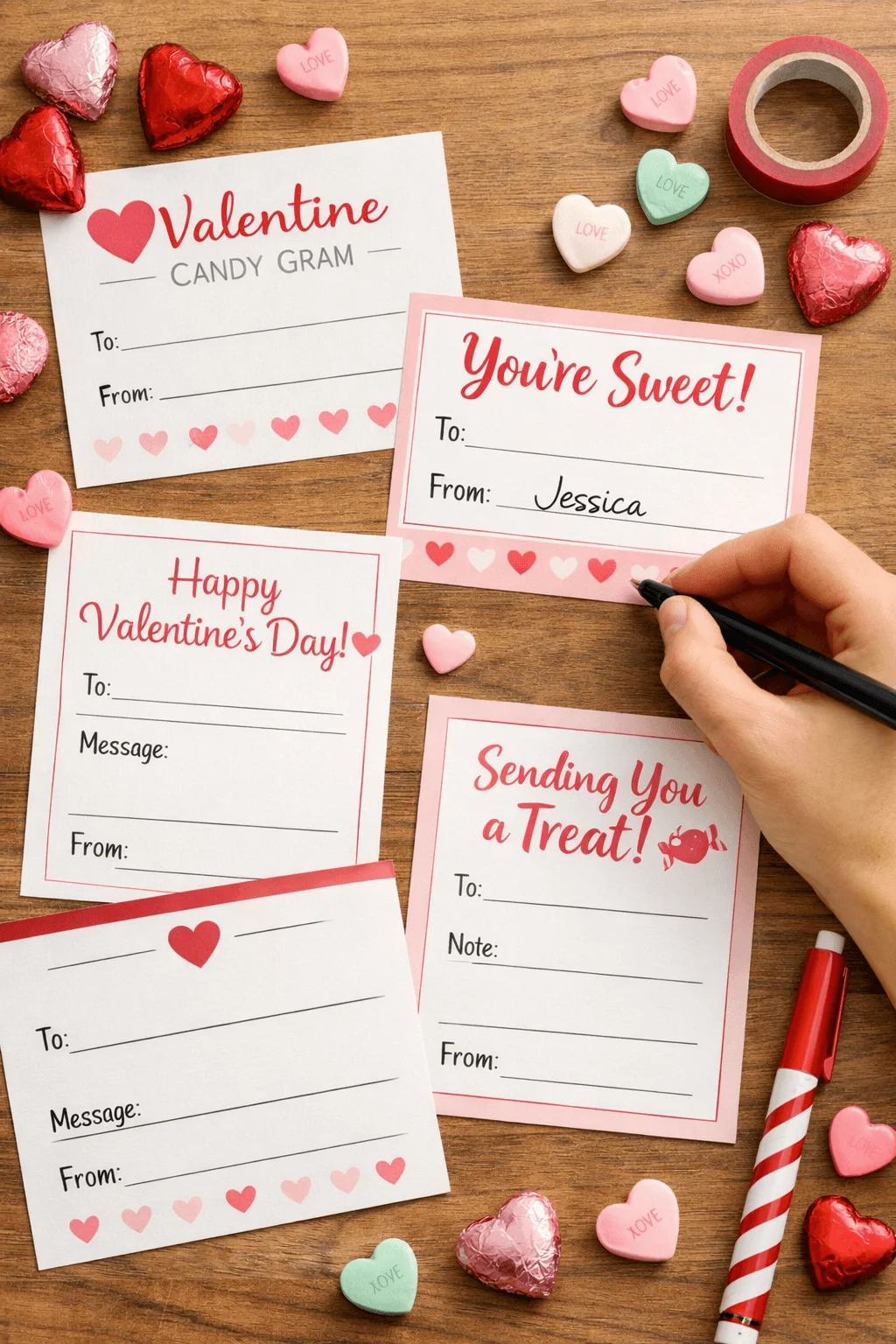 Valentine candy gram cards on a wooden table with heart shaped candies, chocolate hearts, a pen, and a hand writing a message on a card.