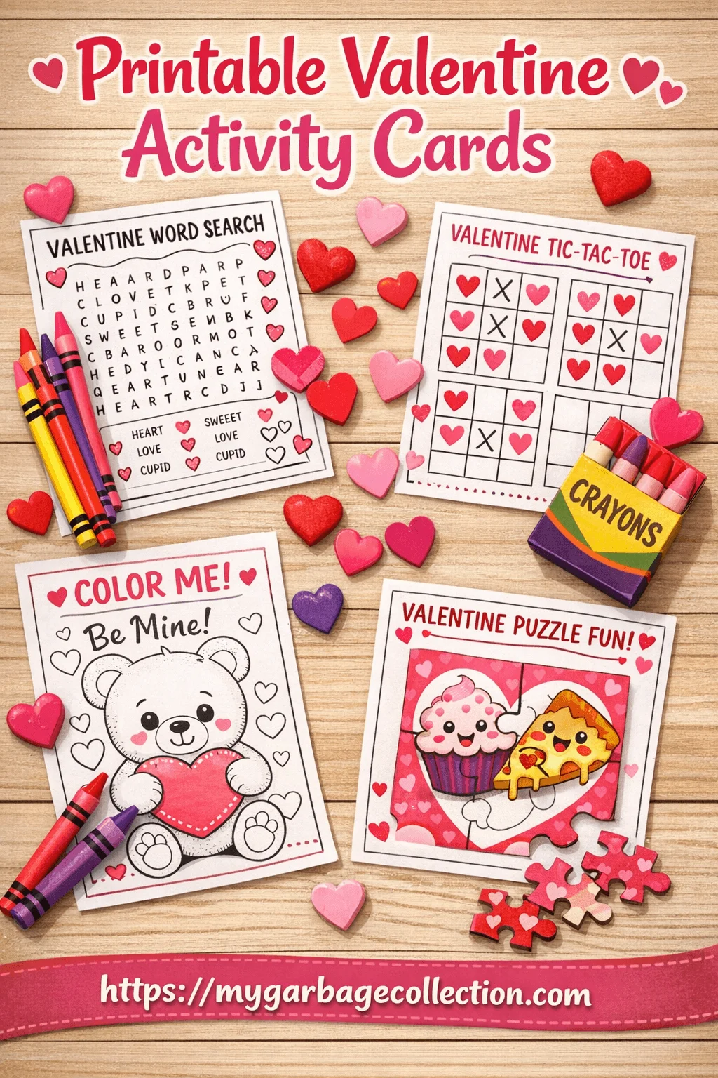 Printable Valentine activity cards featuring word search tic tac toe coloring pages puzzles and crayons for fun classroom Valentine goodie bag ideas for kids
