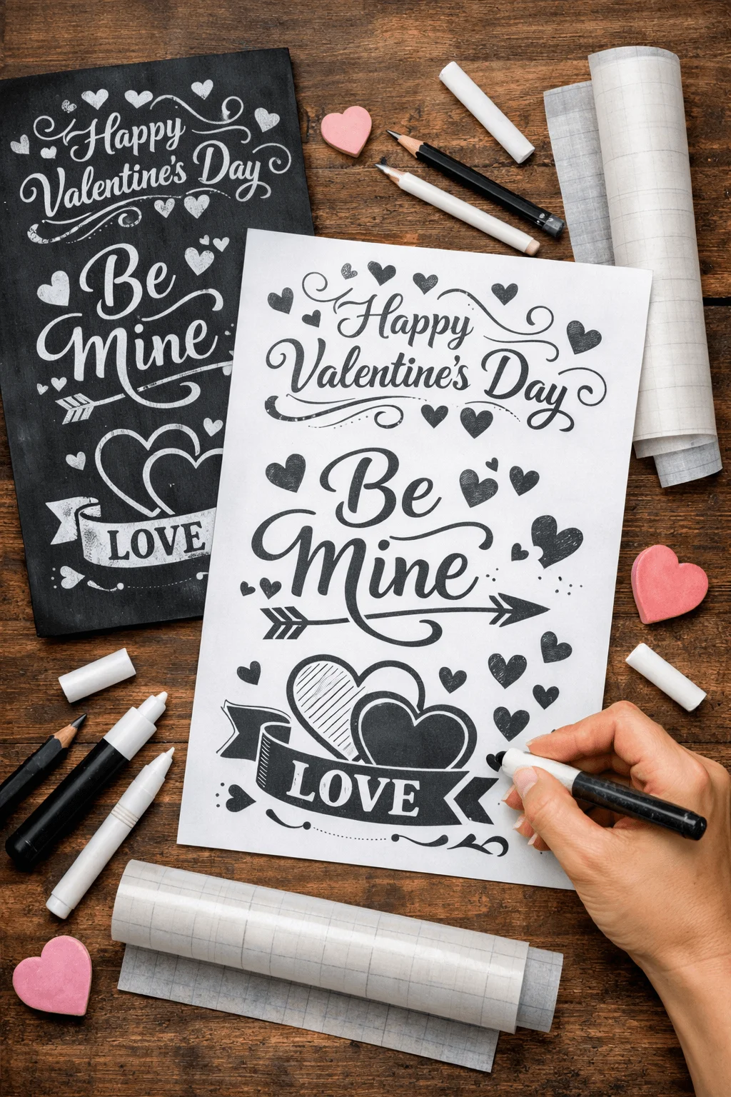 Printable Valentine chalkboard-style designs on paper with the phrases “Happy Valentine’s Day” and “Be Mine,” surrounded by hearts, arrows, chalk markers, and craft supplies.