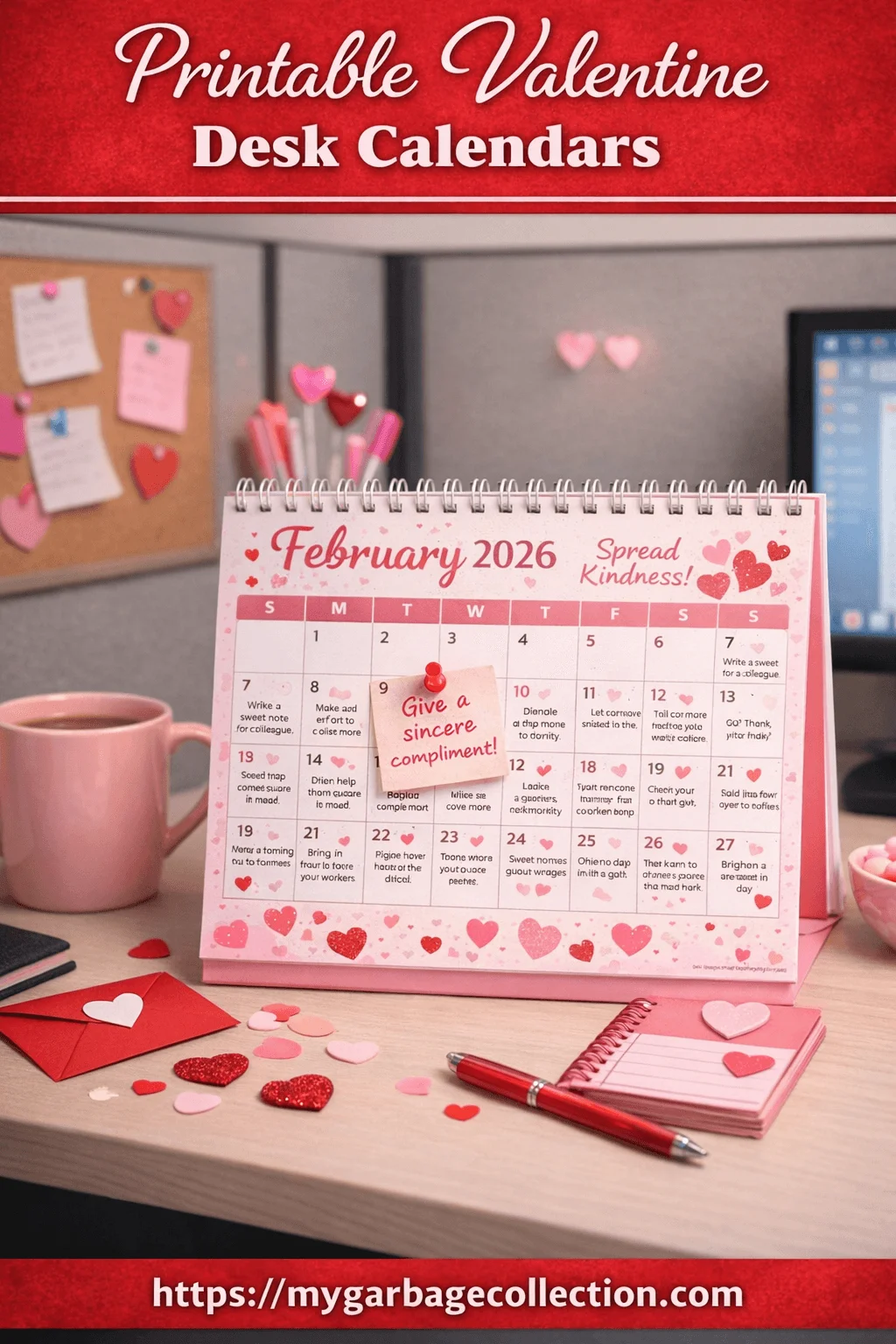 Printable Valentine desk calendar displayed on an office desk featuring a February 2026 calendar with heart decorations kindness prompts pink stationery coffee mug pens sticky notes scattered heart confetti and the website mygarbagecollection.com shown at the bottom