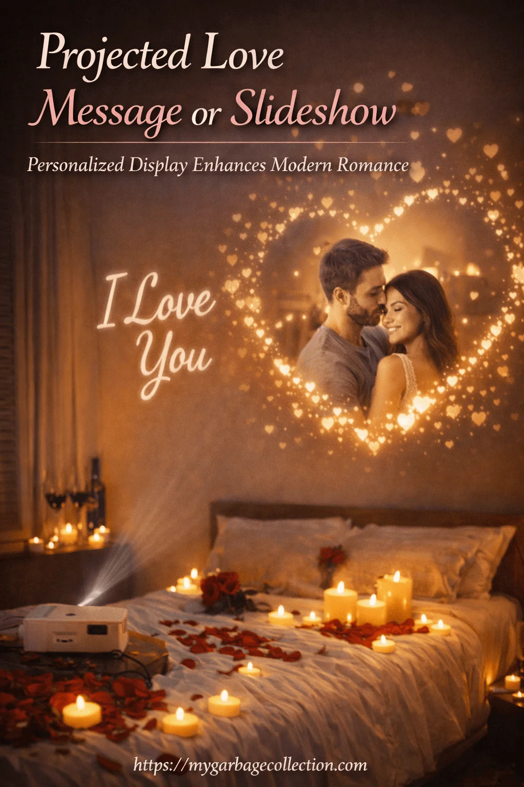 Romantic hotel bedroom with projected love message slideshow glowing heart lights couple image candlelit bed rose petals and intimate Valentine surprise setup