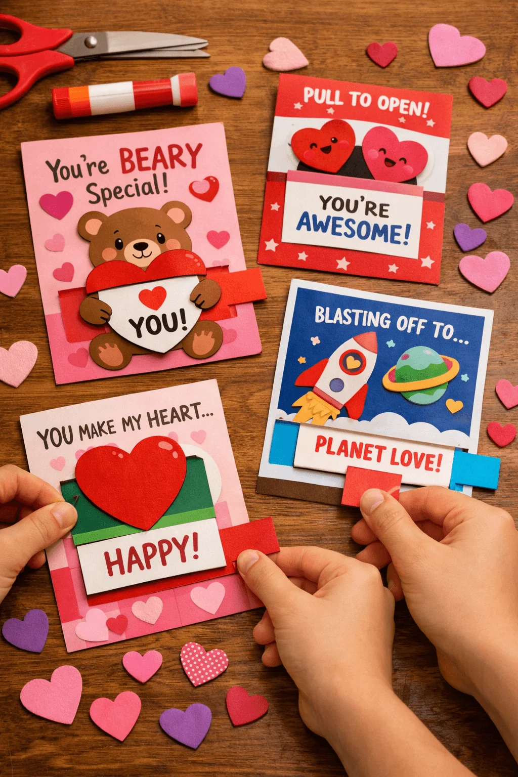 Hands pulling tabs on interactive Valentine cards with messages like you’re beary special and planet love surrounded by heart cutouts scissors and glue on a wooden table