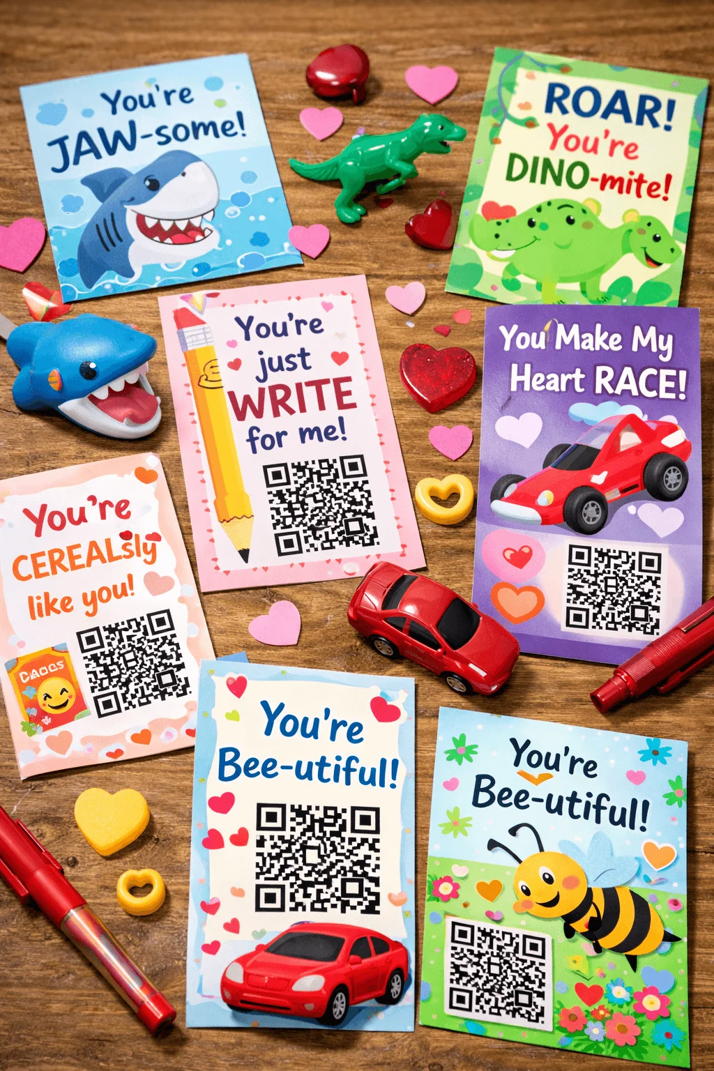 Pun themed toy Valentine cards with QR codes featuring sharks dinosaurs cars bees and playful messages scattered on a wooden table with heart confetti