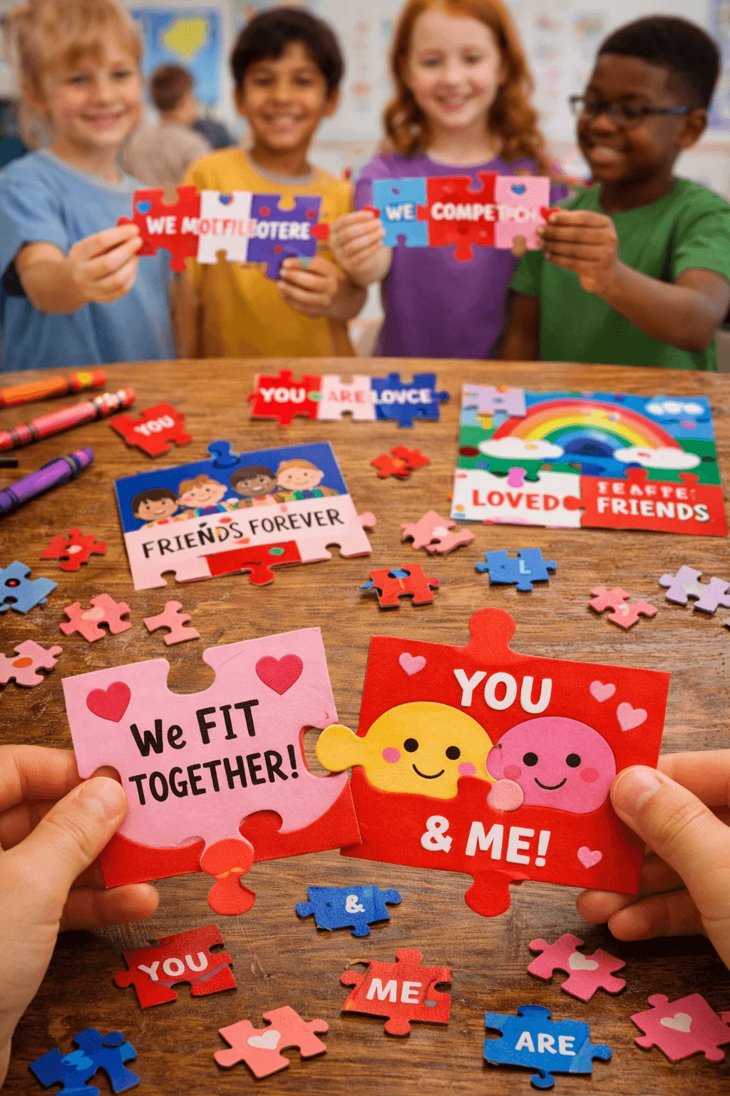 Kids holding colorful puzzle piece Valentine cards with messages about friendship and love on a classroom table filled with scattered puzzle pieces
