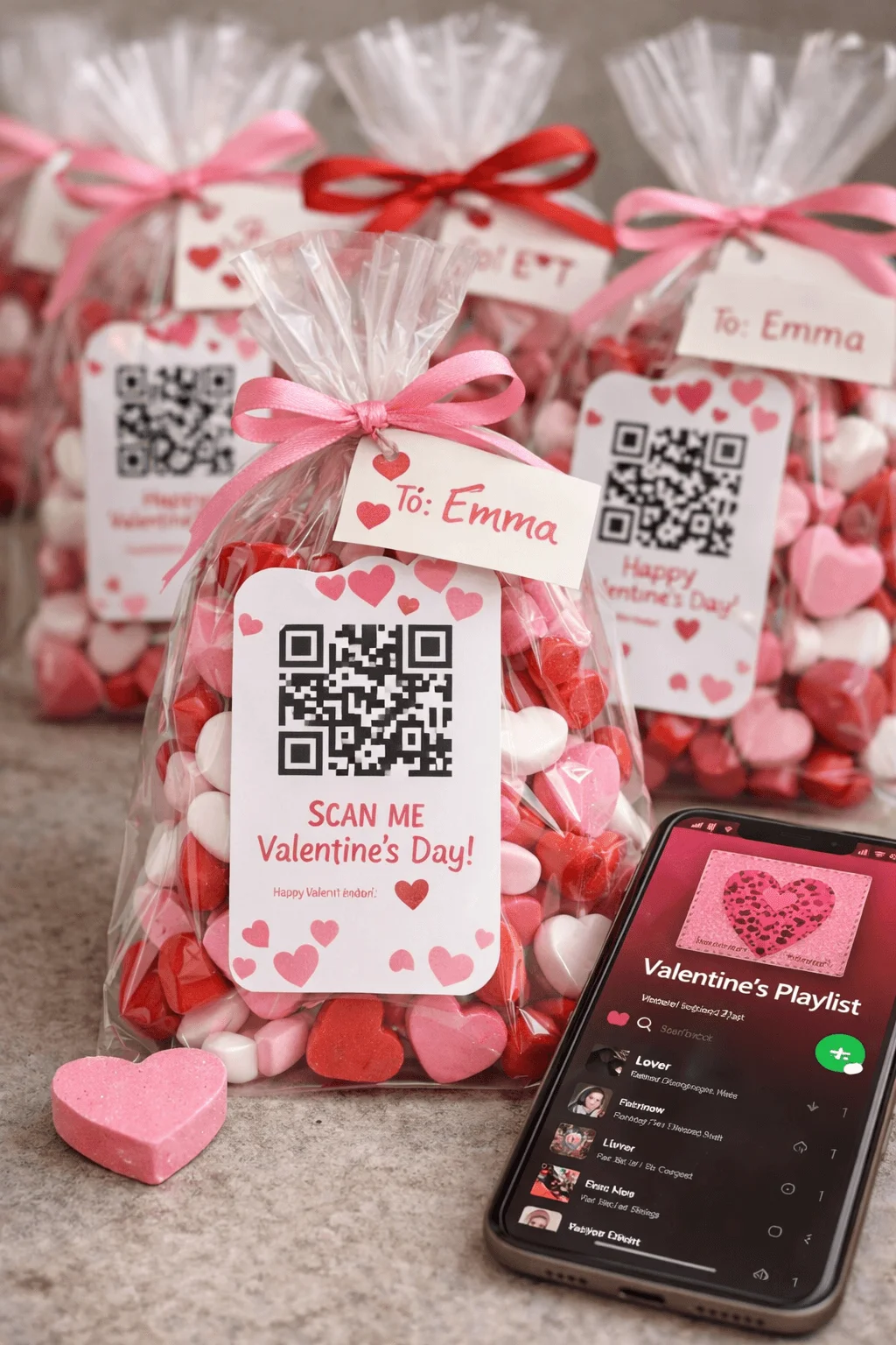 This image features QR code Valentine grams — clear treat bags filled with heart-shaped candies, each tied with ribbon and a tag that says “Scan Me Valentine’s Day!” and personalized with names (like “To: Emma”). A phone beside them shows a Valentine’s playlist, suggesting the QR codes link to music, videos, or digital messages.