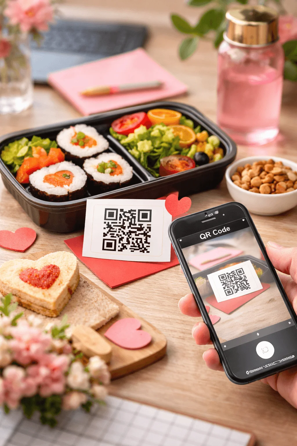 Lunch setup with sushi salad heart shaped sandwiches QR code card and phone scanning a surprise message on a decorated desk