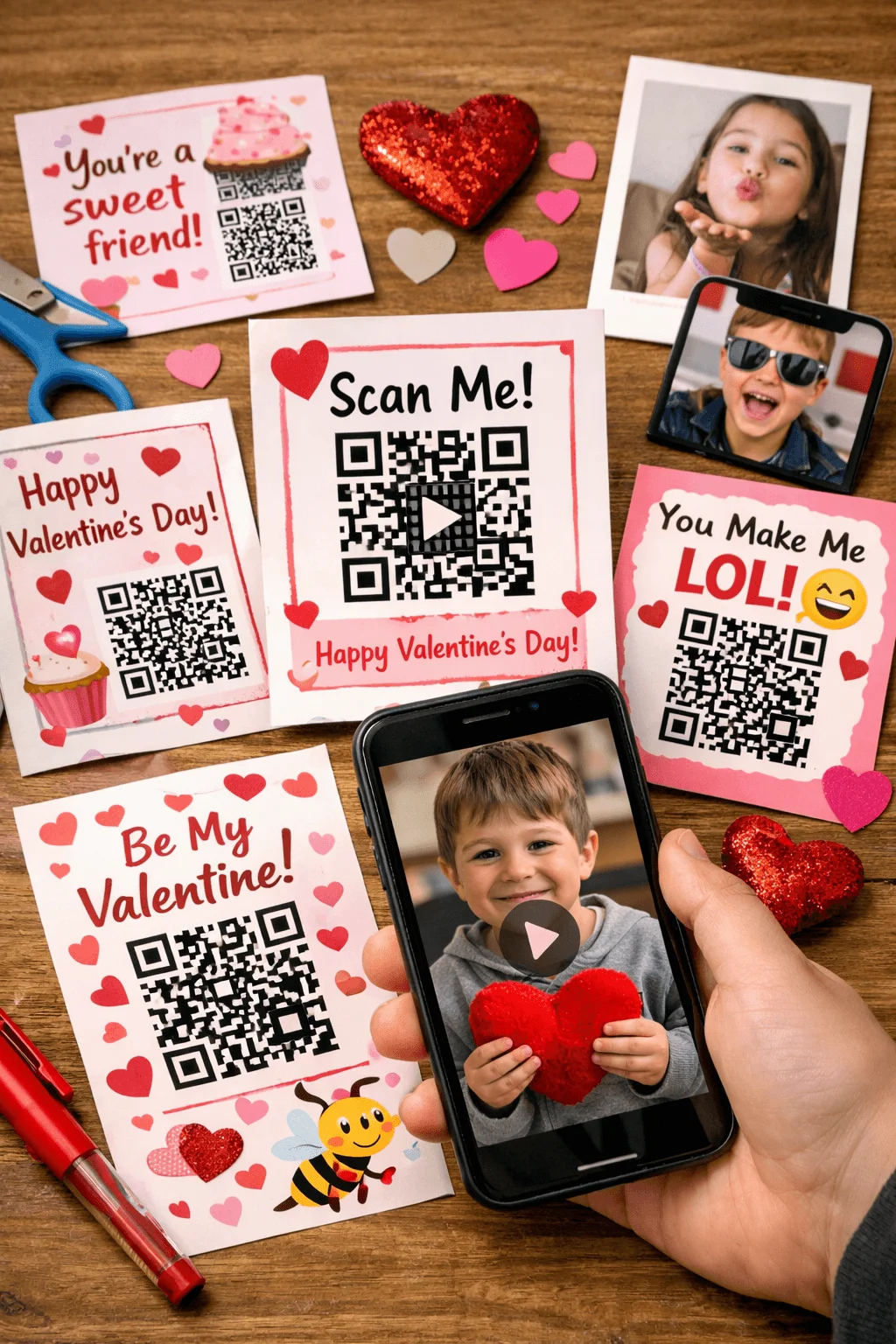 QR code Valentine cards with sweet messages and photos arranged on a wooden table with hearts scissors and a phone playing a video message