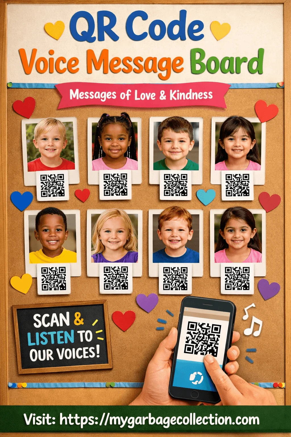 QR code voice message board for preschool featuring student photos with scannable codes messages of love and kindness interactive classroom display encouraging listening to children voices