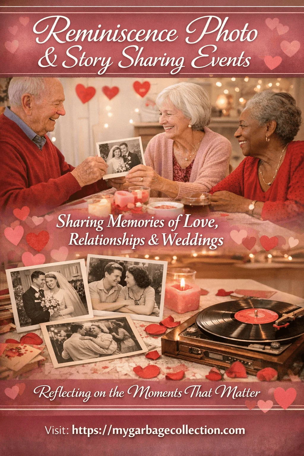 Reminiscence photo and story sharing event showing seniors smiling while looking at old wedding photos sharing memories of love relationships and special moments in a warm Valentine themed setting