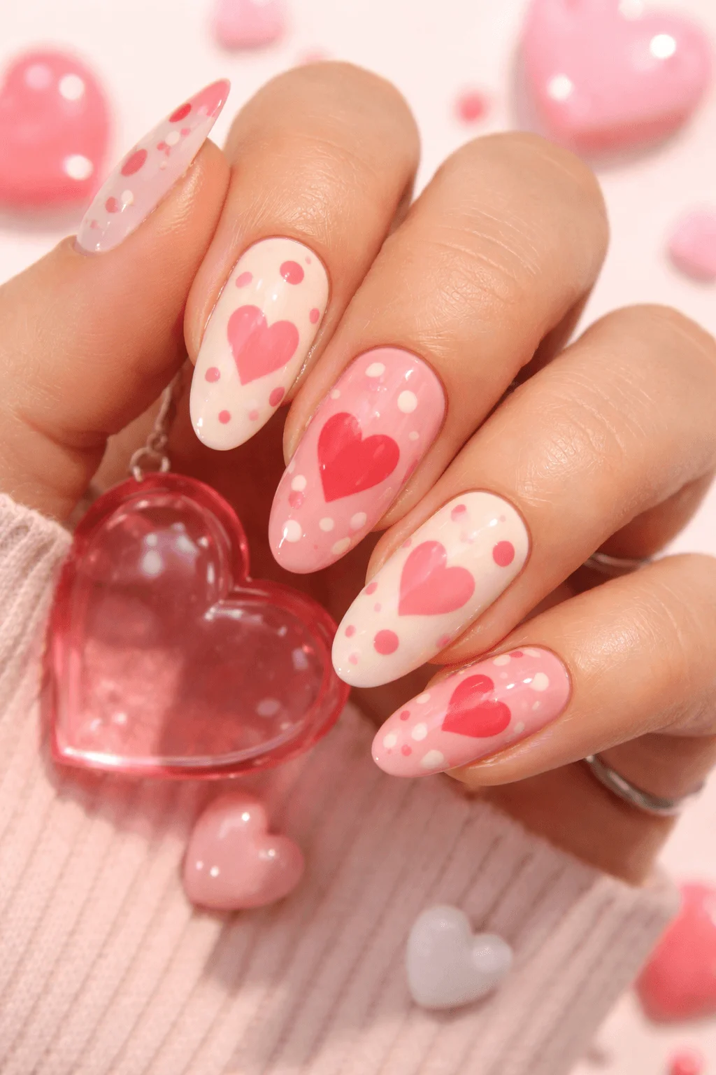 Close up of a hand with glossy almond shaped nails featuring pink and white bases with bold red heart designs and playful polka dot accents against a soft Valentine themed background