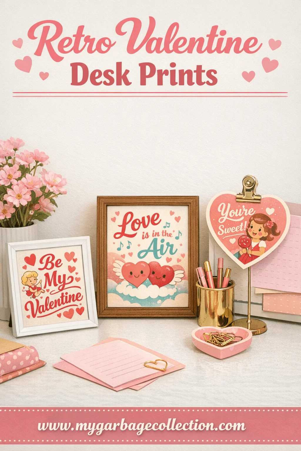 Retro Valentine desk prints with framed vintage style love illustrations heart shaped decor pink stationery flowers and cute office desk accessories creating a nostalgic Valentine themed workspace with website url mygarbagecollection.com